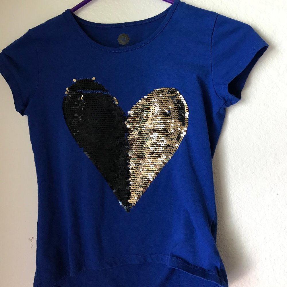 Blue, black, and gold sequence tee shirt